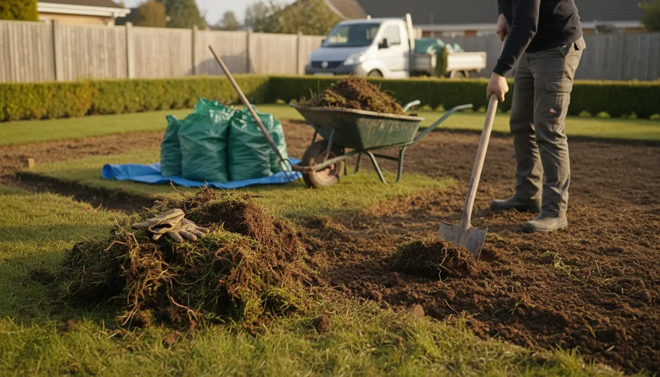 En havearbejder graver et bed op i baghaven med skovl, trillebør og jord i naturligt dagslys.