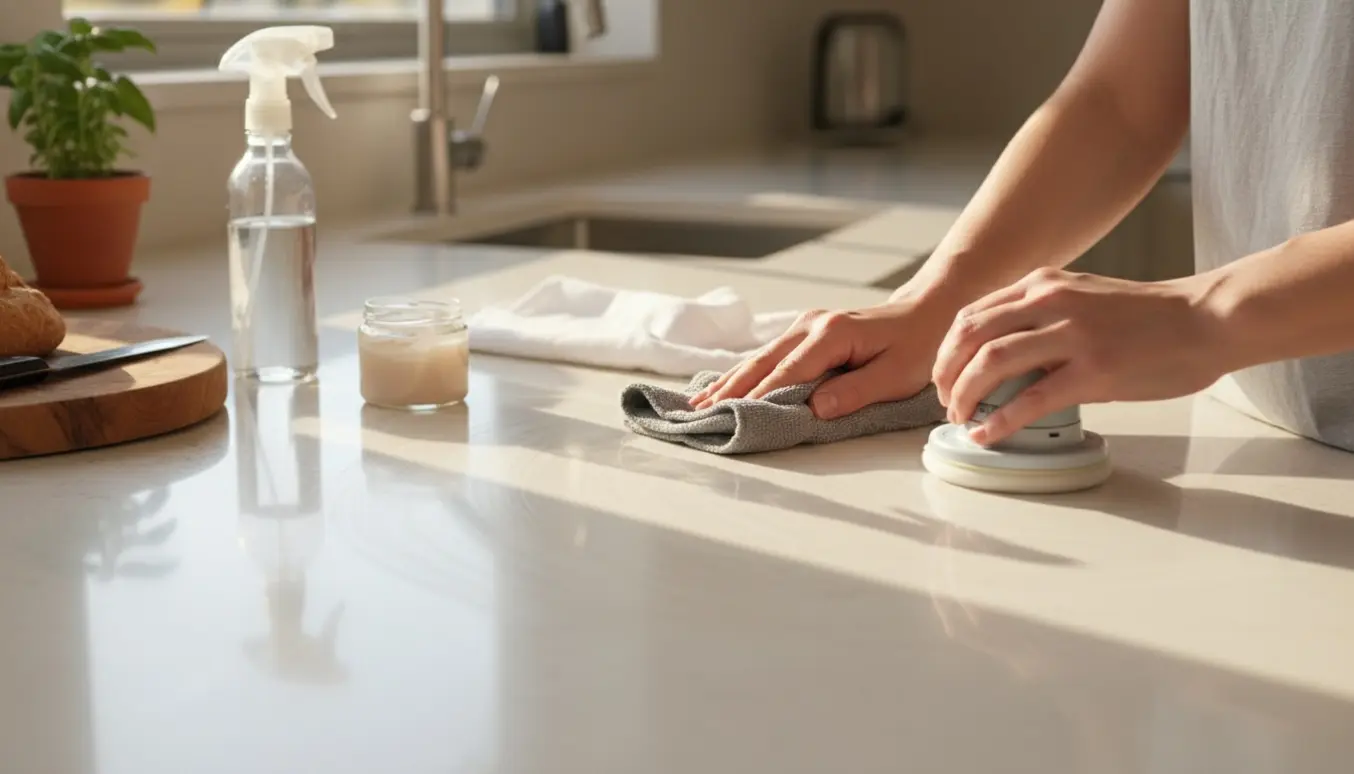 Nærbillede af hænder, der polerer et køkkenbord med en microfiberklud, så overfladen skinner.