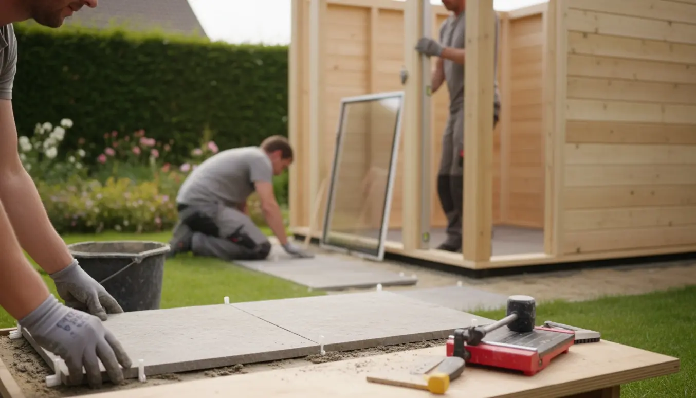 To håndværkere bygger et trætehus og lægger fliser som bund i en have.