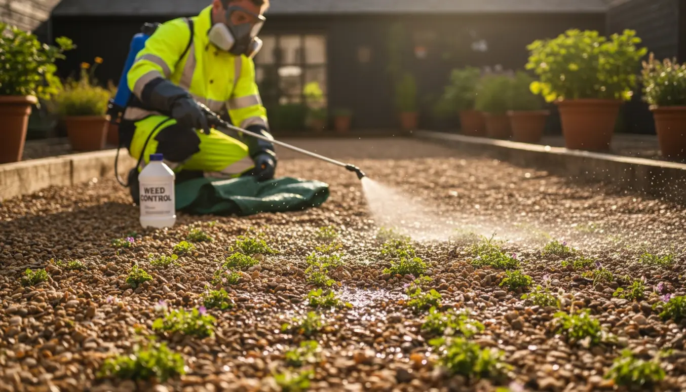 Person sprøjter ukrudt i en grusbelagt indkørsel med en rygsprøjte, ansigt ikke synligt.