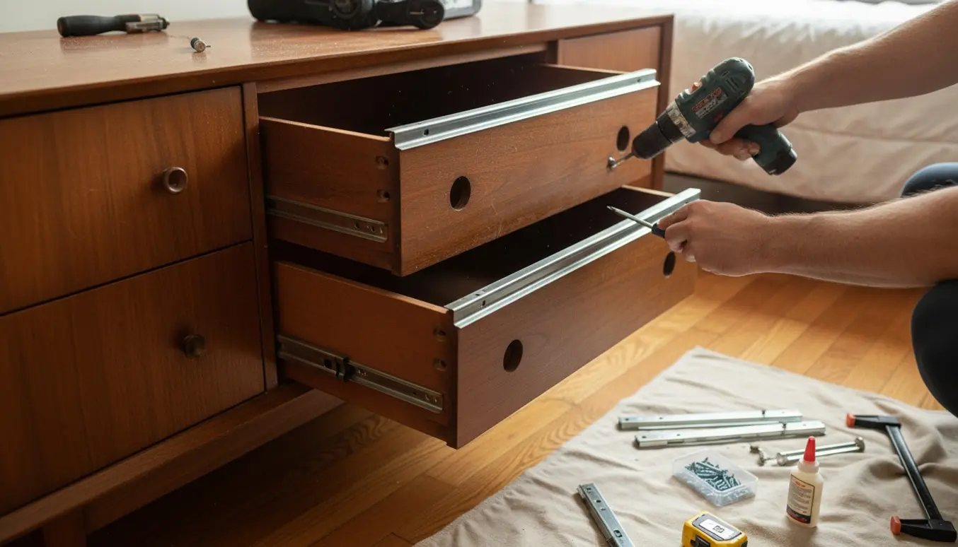 Hænder monterer ny skuffeskinne på en kommode, mens en løs skuffefront og værktøj ligger klar.