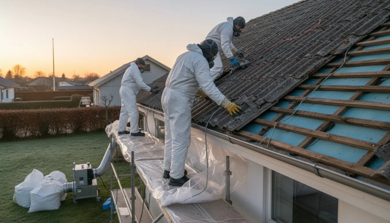 Fagfolk i beskyttelsesdragter fjerner gamle eternitskifer fra et lavt tag og samler materialet i plast.