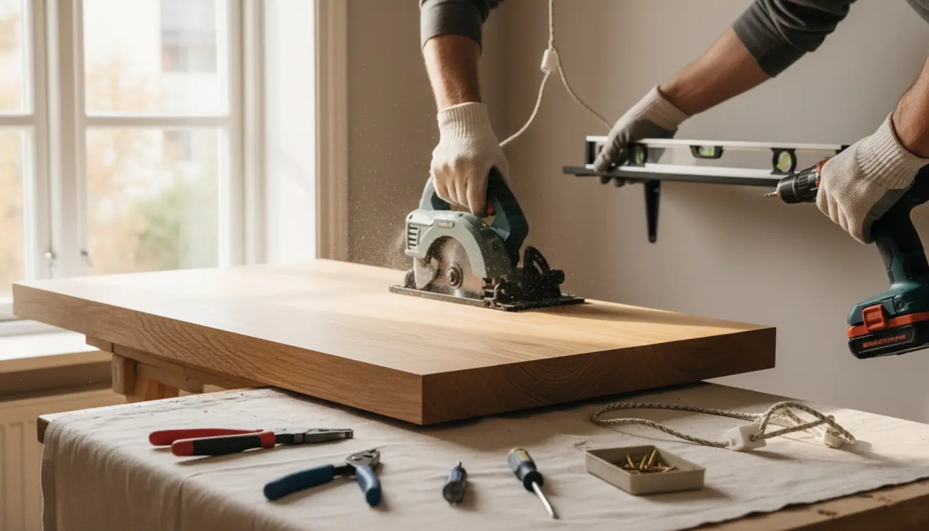 Nærbillede af udskåret egetrashylde, montering af hyldeknægte og tilslutning af en lampe.