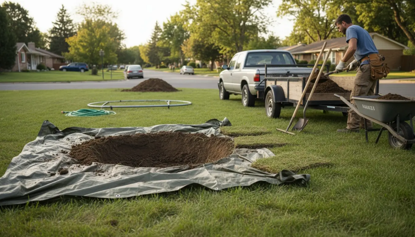 Jord fra et hul til trampolin bliver skovlet op i en trailer i en forhave.