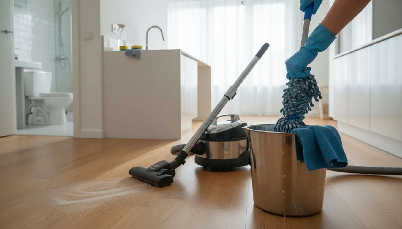Soloplyst lejlighed under rengøring med handsker, moppe, støvsuger og et rent køkken og badeværelse i baggrunden.