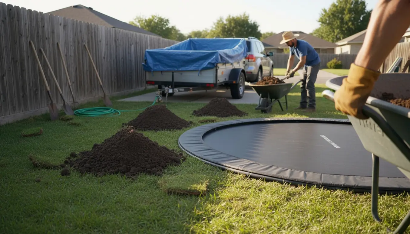 Trailer og skovle ved en nedgravet trampolin, mens jord læsses i en solrig have.