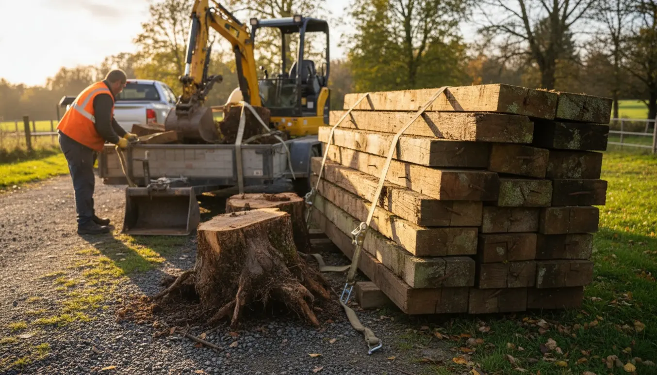 Stabel af gamle jernbanesveller og opgravede rodstykker klar på en trailer til afhentning.