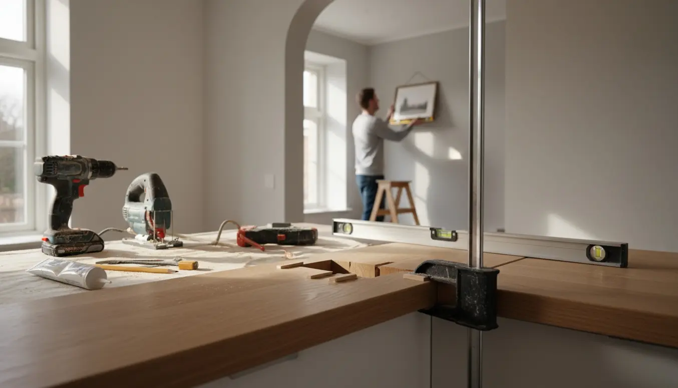 Nyopsat bordplade i bryggers med værktøj i forgrunden og ét ophængt billede synligt i stuen.