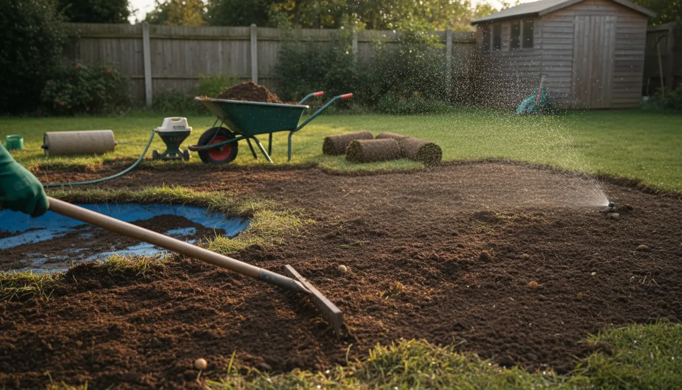 Baghave under plæne-renovering med ujævnt jordfelt, rive, trillebør og rullegræs klar til anlæg.