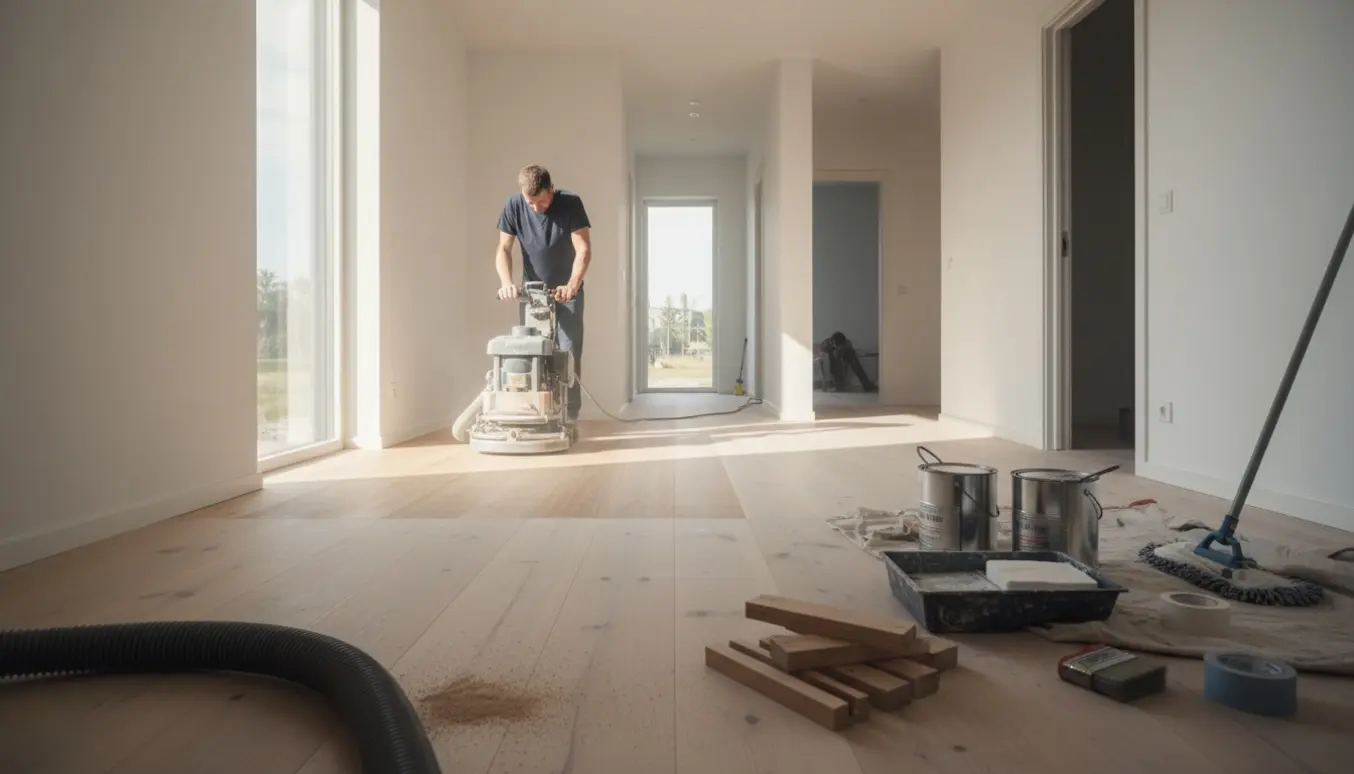 Håndværker sliber plankegulv og gør klar til hvid sæbebehandling i lyse værelser og en lille gang.