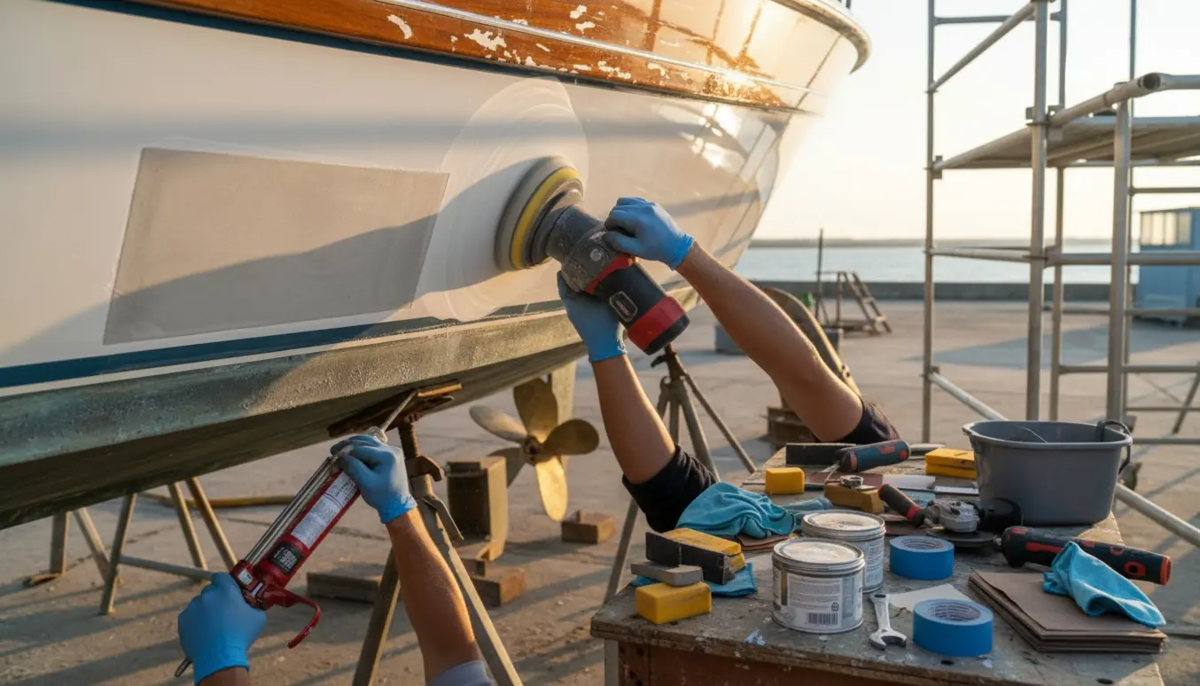 Motorbåd på bukke i bådværft, hvor hænder polerer og sliber skroget og fugepistol og værktøj ligger klar.