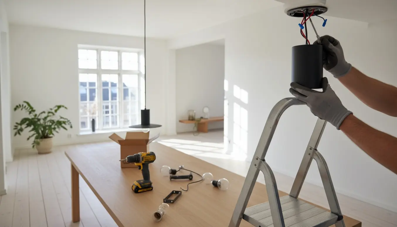 Håndværker hænger en loftlampe op i en lys, moderne københavnsk lejlighed med stige og værktøj.