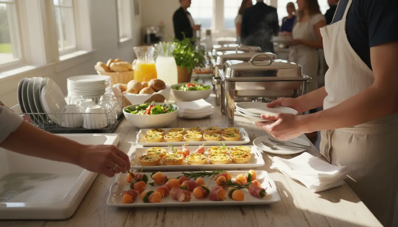 Nærbillede af servering til fest med hænder, fade, buffét og opvask i baggrunden.