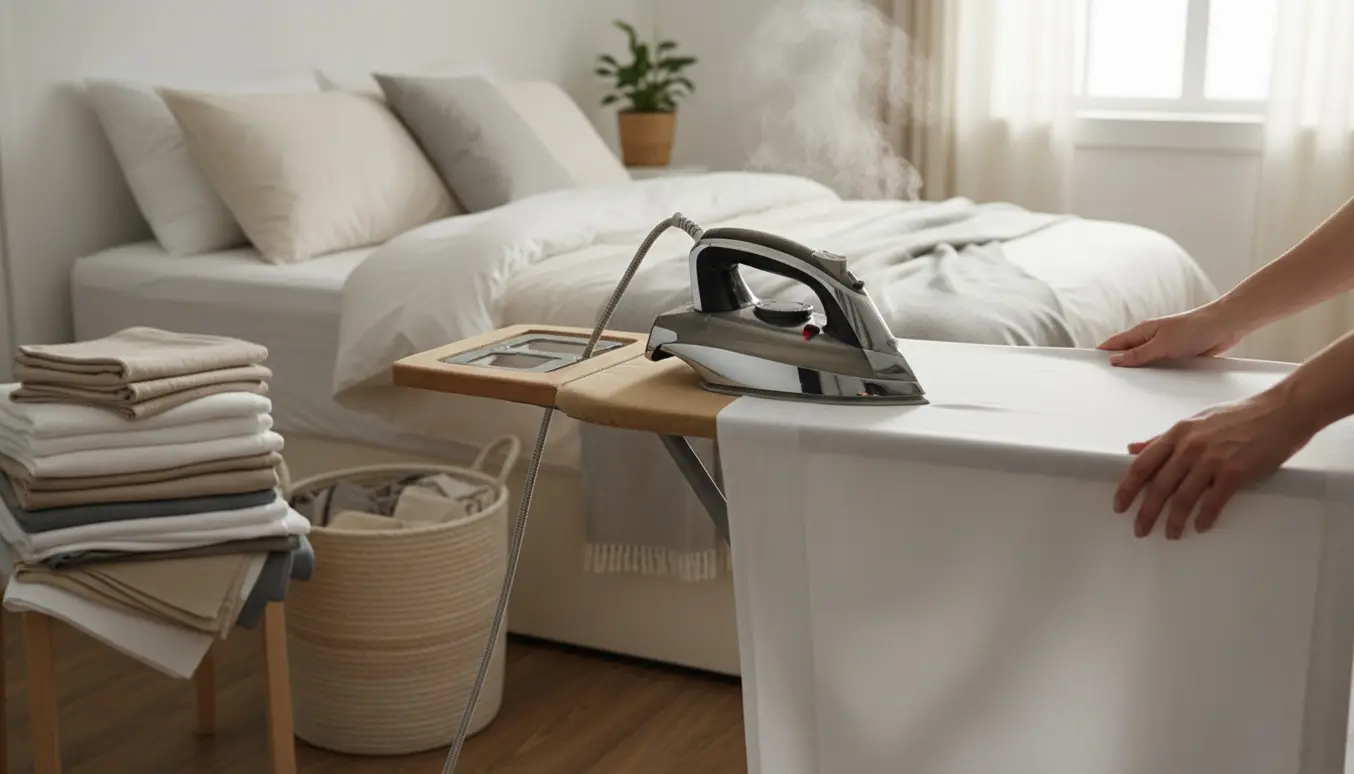 Hænder glatter et lagen med et dampstrygejern ved siden af en stak nystrøgne lagner og viskestykker.