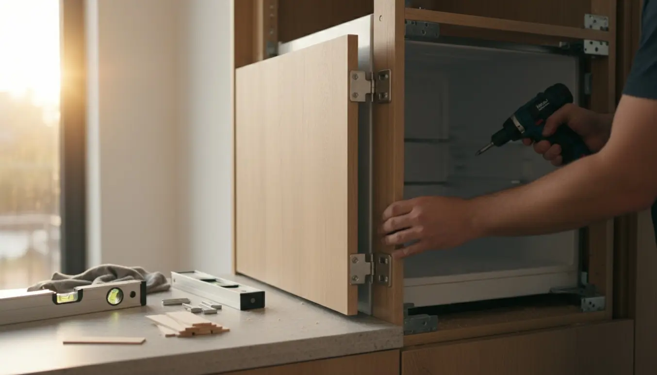Montør monterer skabslåge på nyt indbygget køleskab i et moderne køkken.