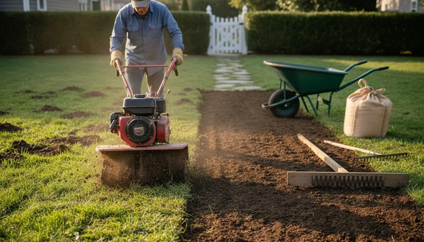 En fræser slår op jord på en ujævn græsplæne, med nivelleringsbræt og værktøj ved siden af.