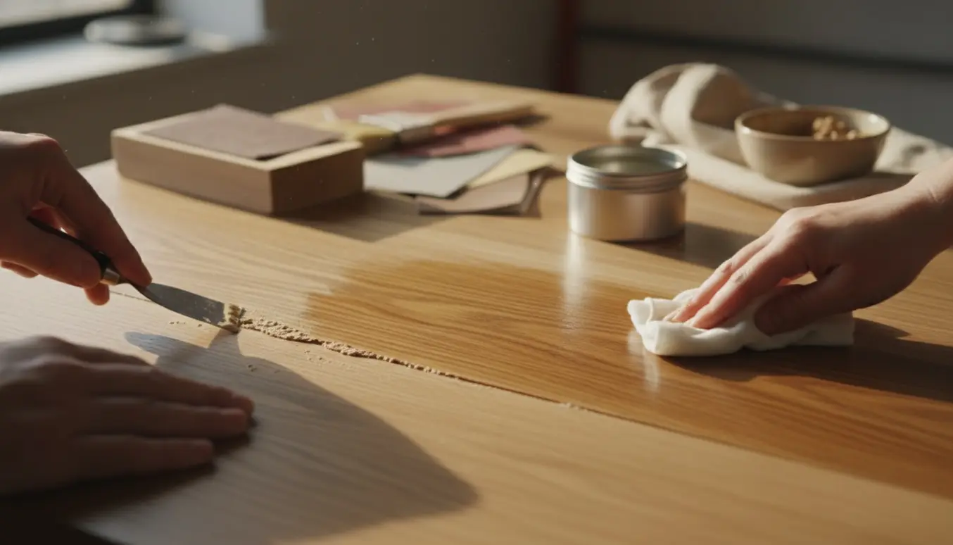 Nærbillede af hænder, der reparerer og olierer en revnet træbordplade med spartel, slibepapir og klud i blødt vindueslys.