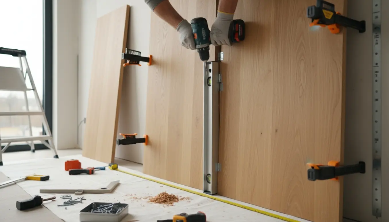 Hænder monterer høje træpaneler indendørs med vaterpas og boremaskine i blødt dagslys.