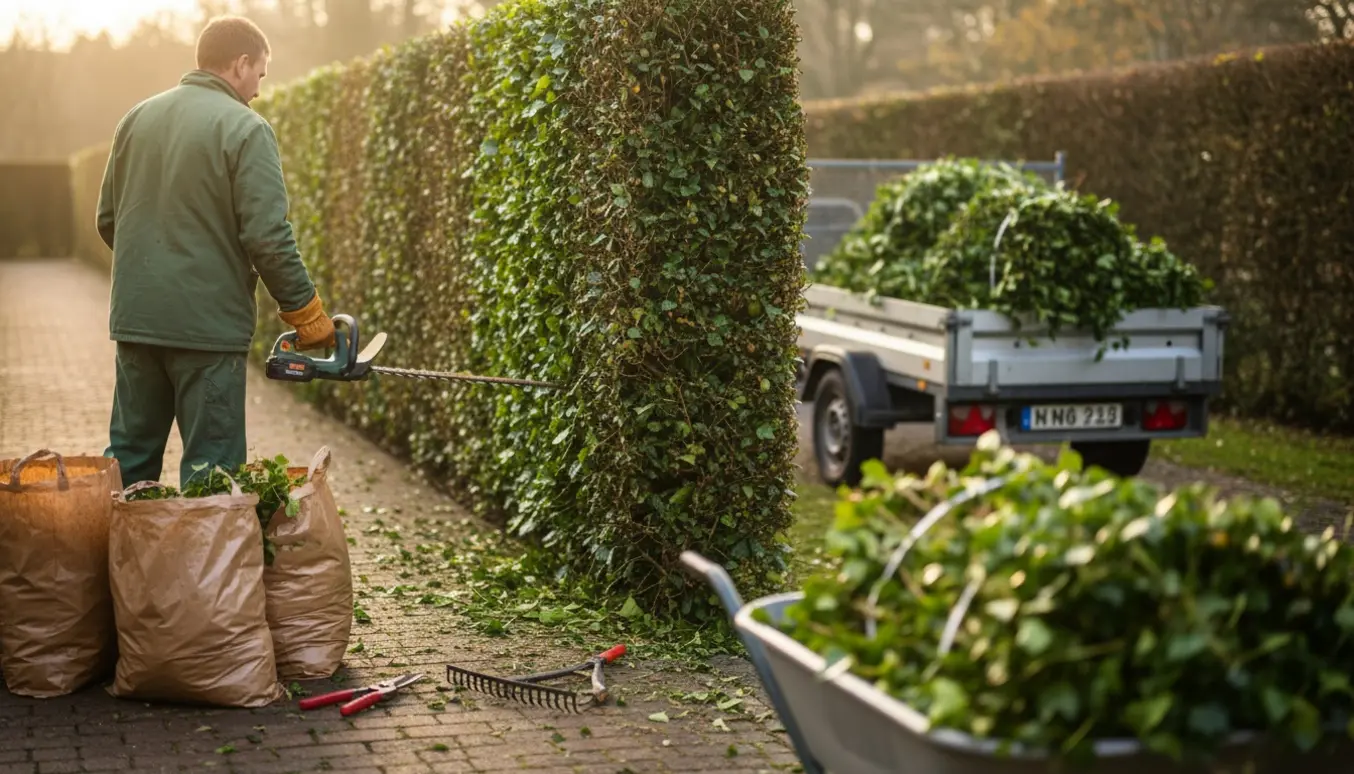En hæk af efeu bliver beskåret langs en havegang med afklip samlet i en trillebør klar til bortkørsel.