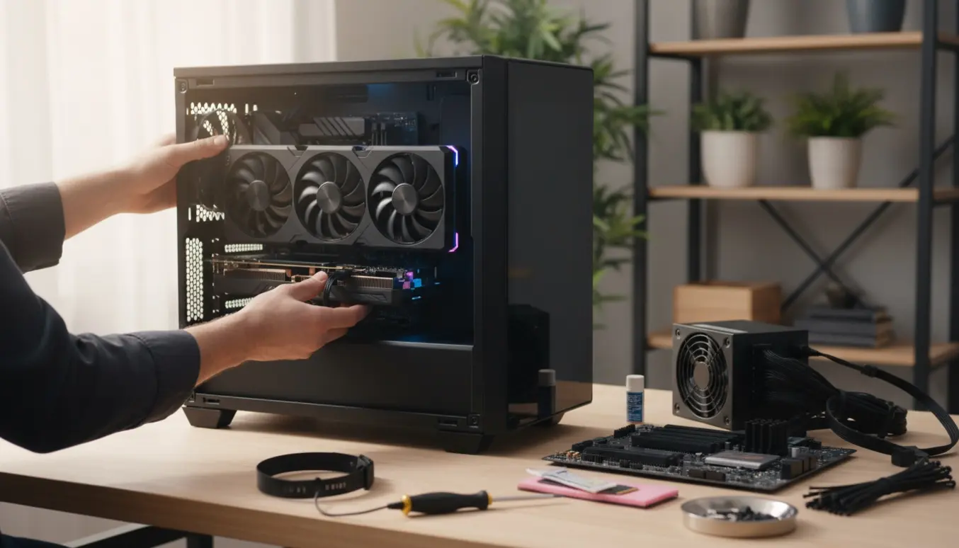 Hænder installerer et grafikkort i et nyt gamerkabinet omgivet af PC-komponenter og værktøj.