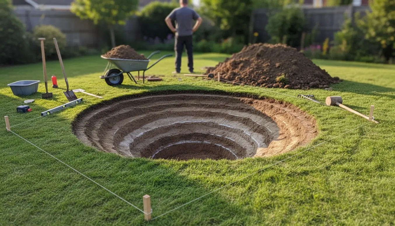 Cirkelformet udgravning i have til nedgravet trampolin med skovle, trillebør og jordbunke.