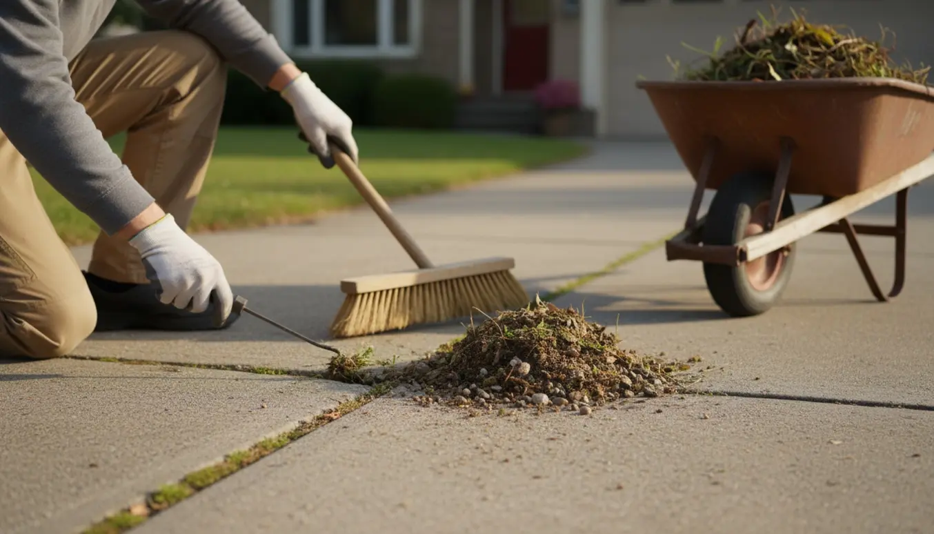 Hænder fjerner ukrudt fra betonrevner og fejer fortovet med en kost, med en lille bunke affald ved siden af.