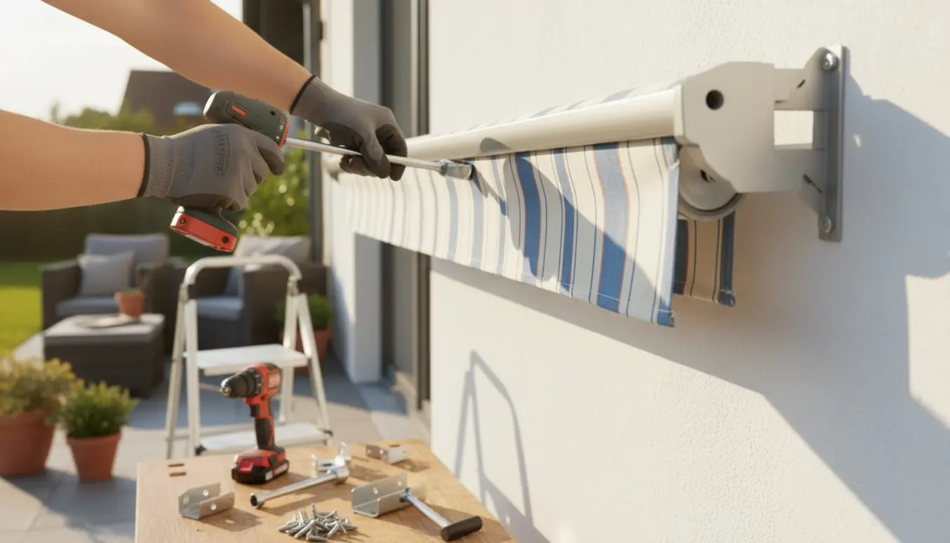 Nærbillede af manuel markise under montering over en terrasse med værktøj og fastgjorte beslag.
