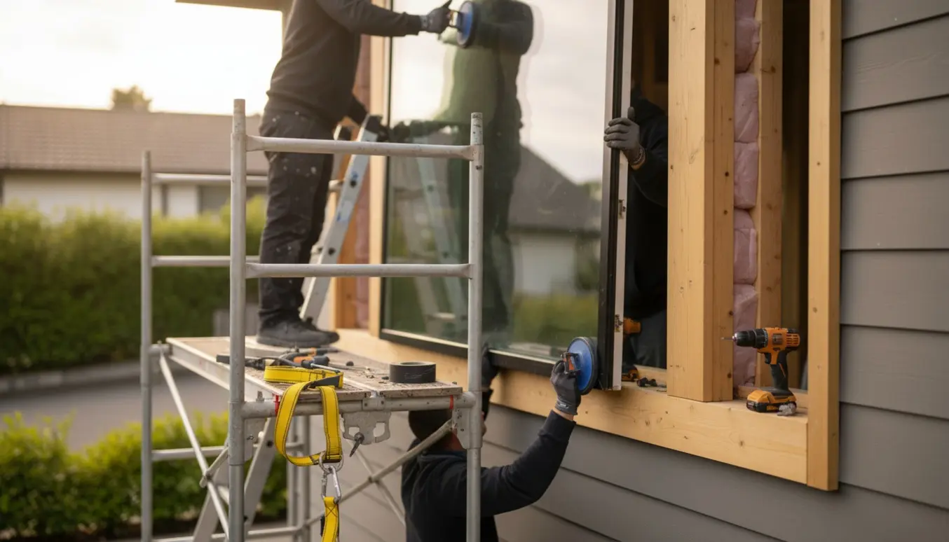 Hænder og stillads guider et vindue på plads ved montering på 1. sal.