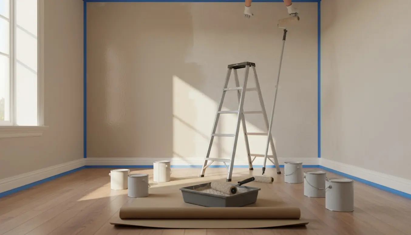 Tomt rum med tre nymalede vægge og et halvmalet loft, stige, rulle, pensel og afdækningspapir klar til arbejde.