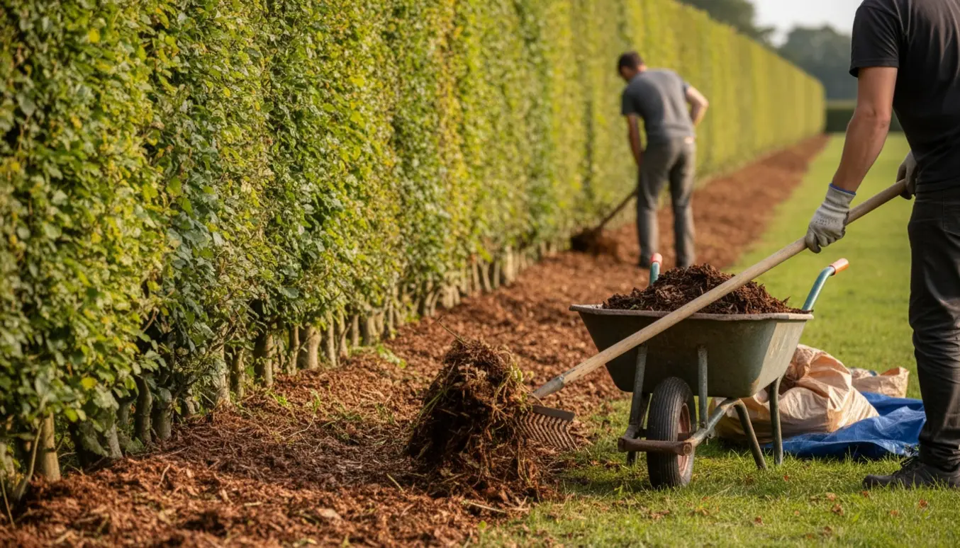 Fjernelse af ukrudt og gammel bark under en lang bøgehæk, med trillebør og nyt barkmulch klar.