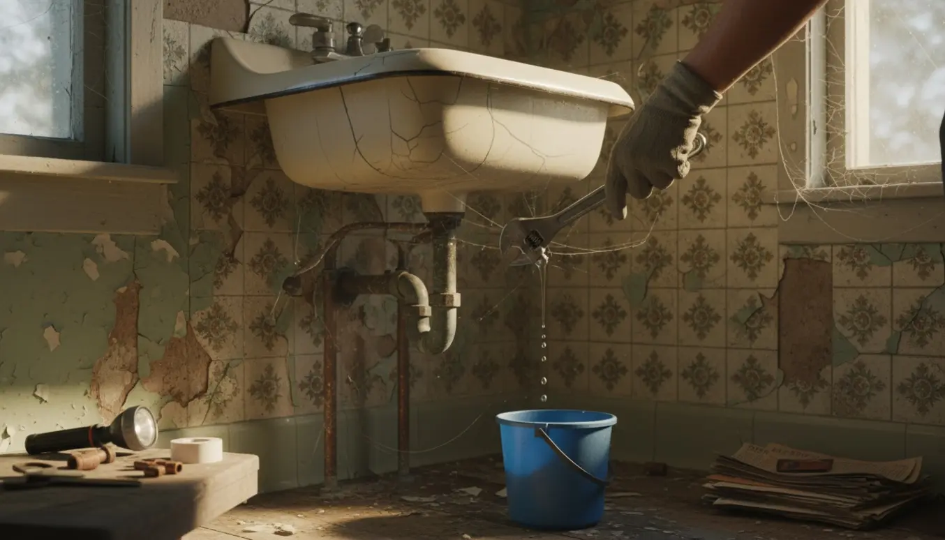En VVS-montørs hænder reparerer et utæt vaskafløb i et gammelt hus med værktøj og en spand til opsamling af dryp.