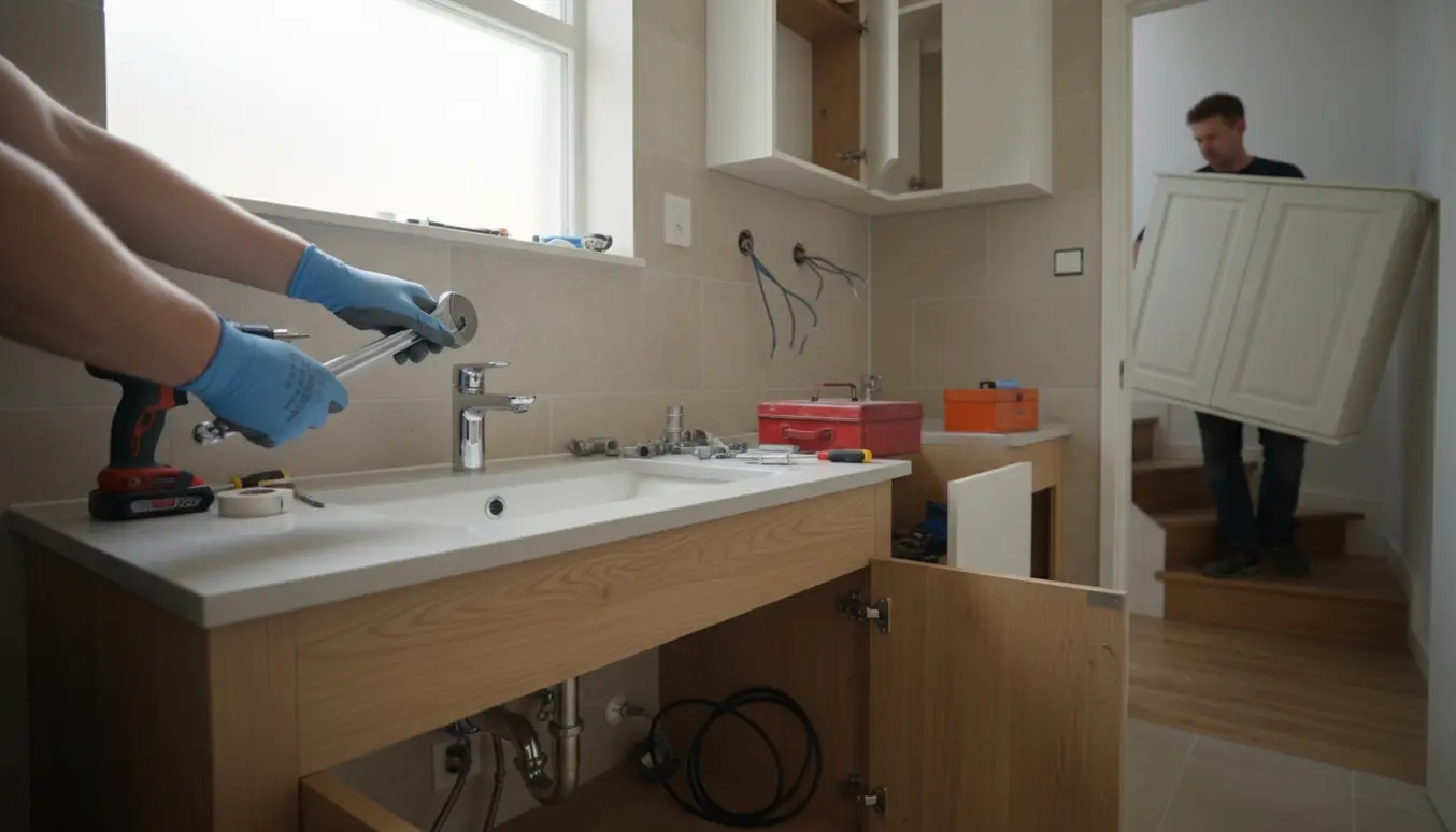 Nyt vaskeskab med bordplade og håndværktøj midt i en badeværelsesrenovering, gamle overskabe fjernet og et skab bæres ned ad trappen.