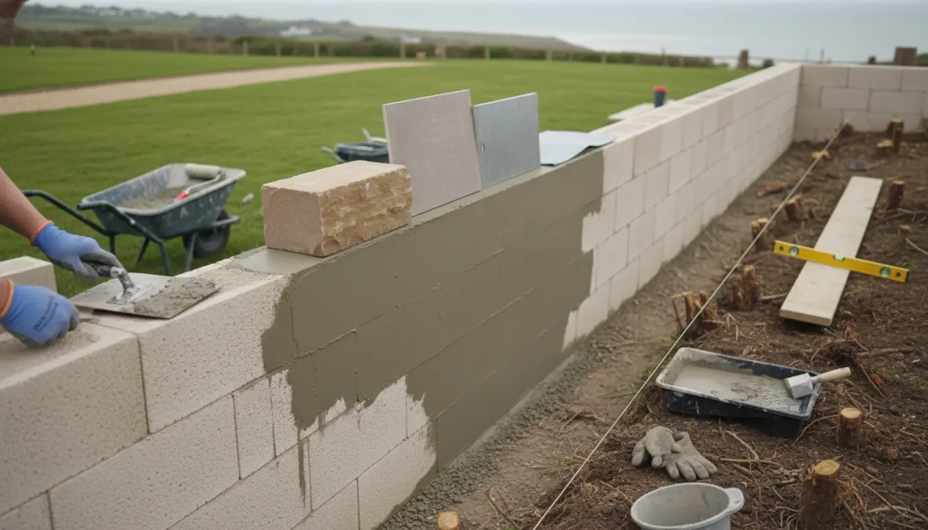 Vinkelbygget havemur under opførelse med våd puds, værktøj og forskellige topafslutninger.