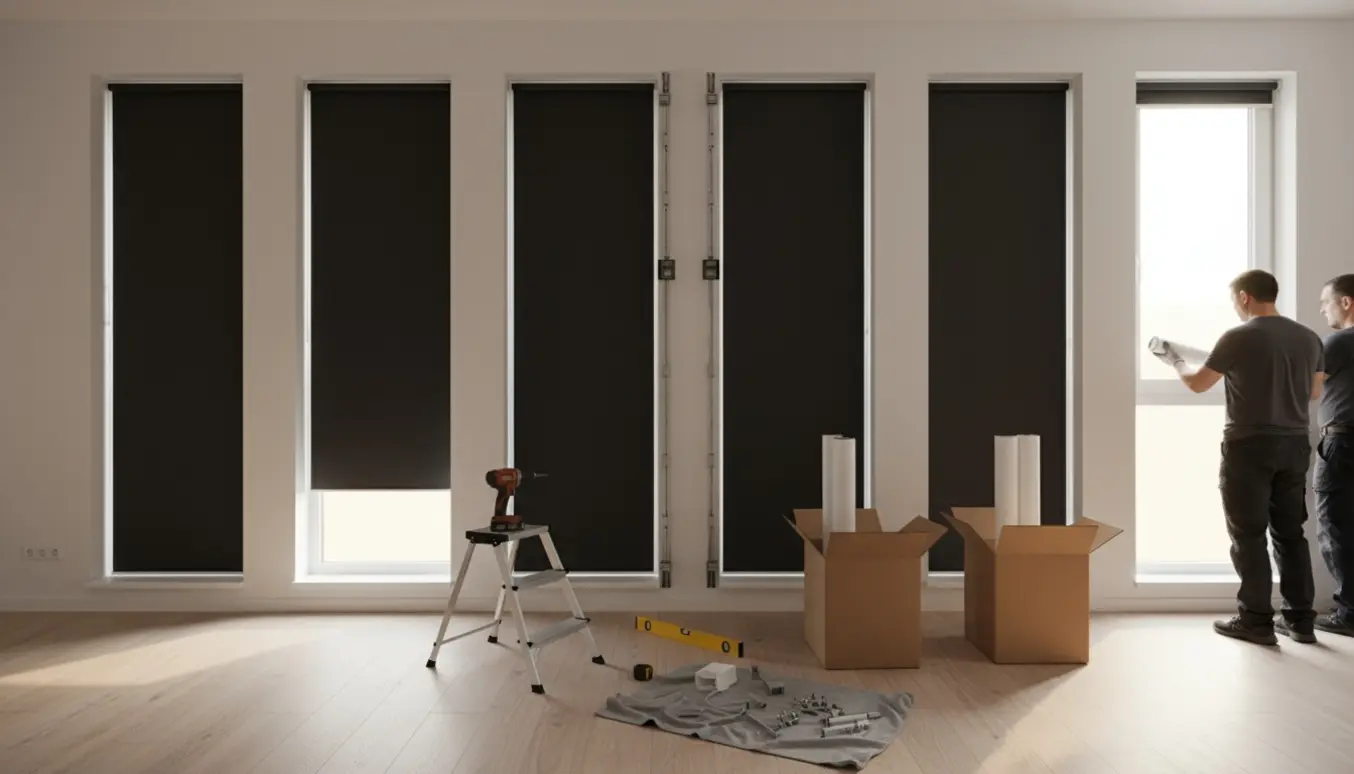 Montør ved en række vinduer monterer mørklægningsrullegardiner med værktøj og kasser klar.