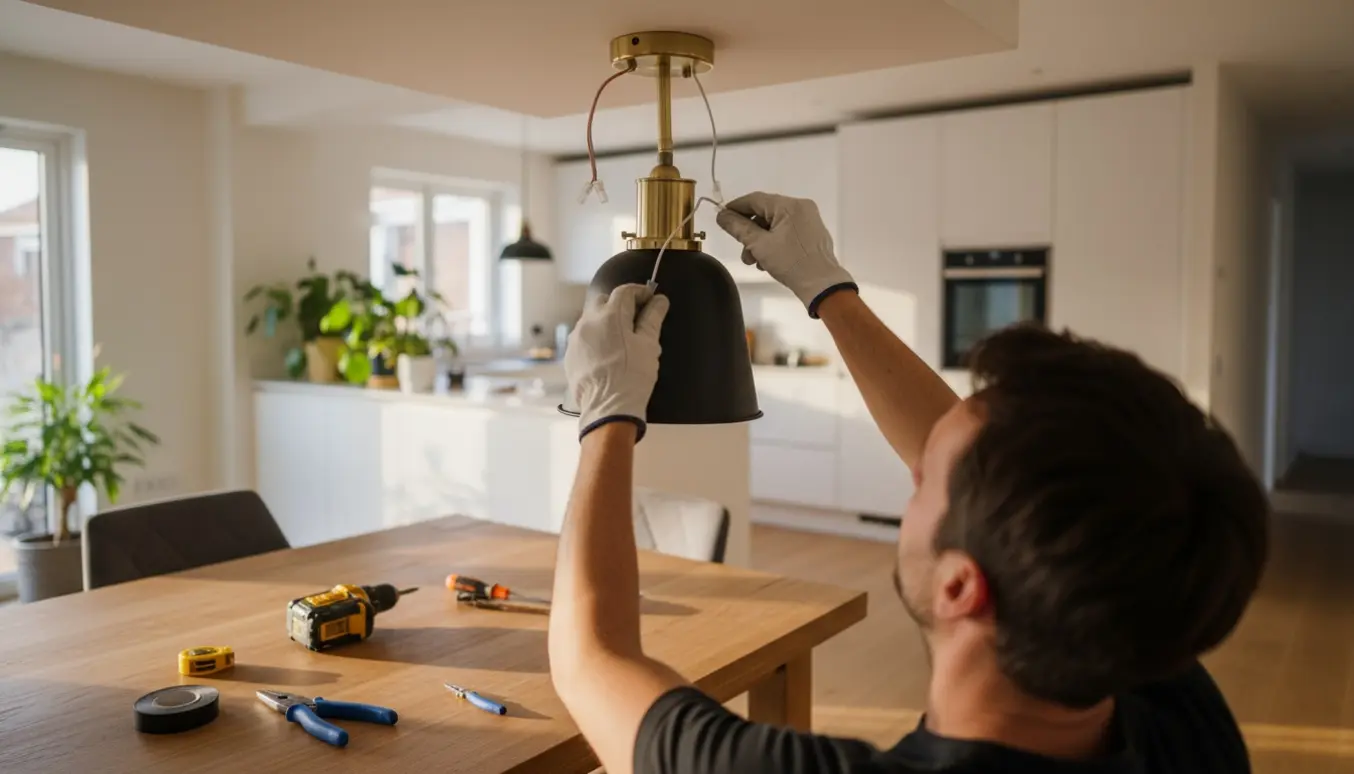 Hænder hænger en pendel op over spisebordet i et lyst køkken-alrum.