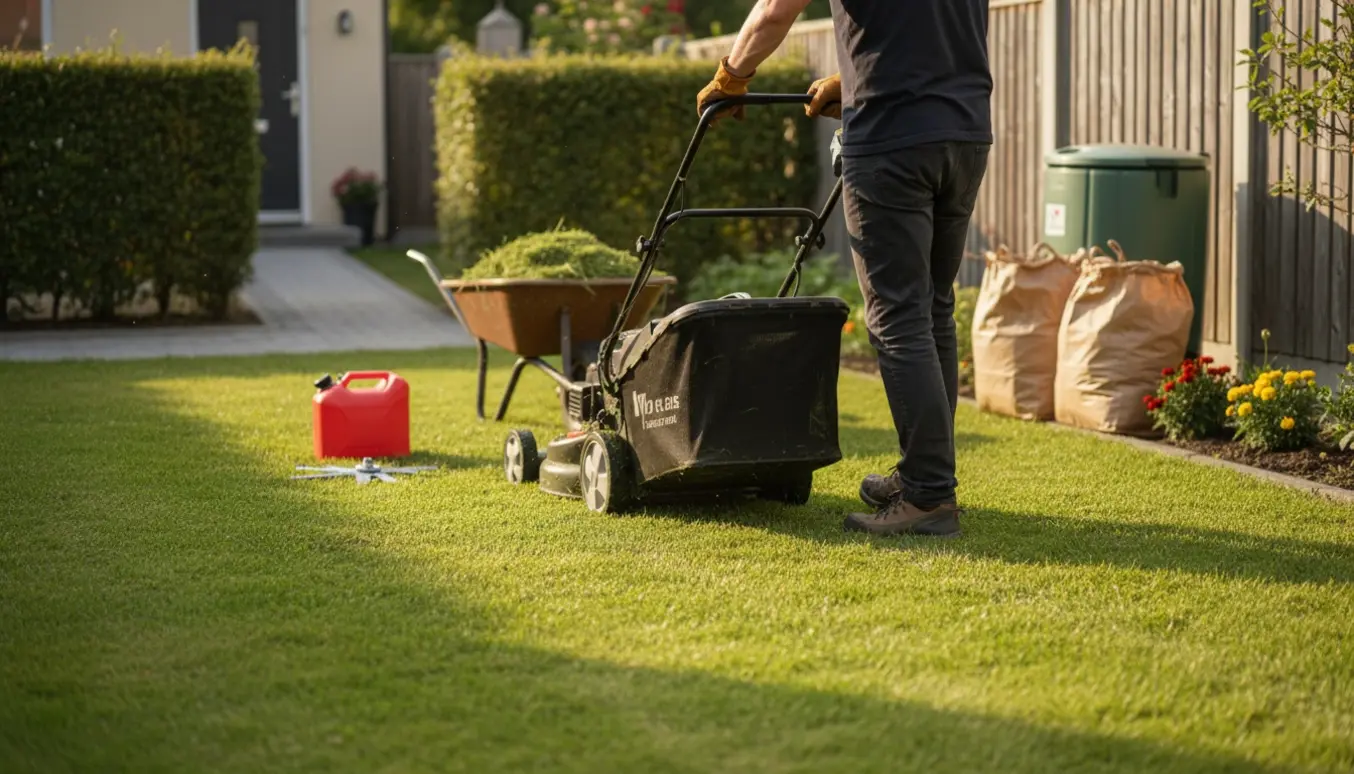 Person slår græs i for- og baghave med plæneklipper, trillebør og poser til afklip.