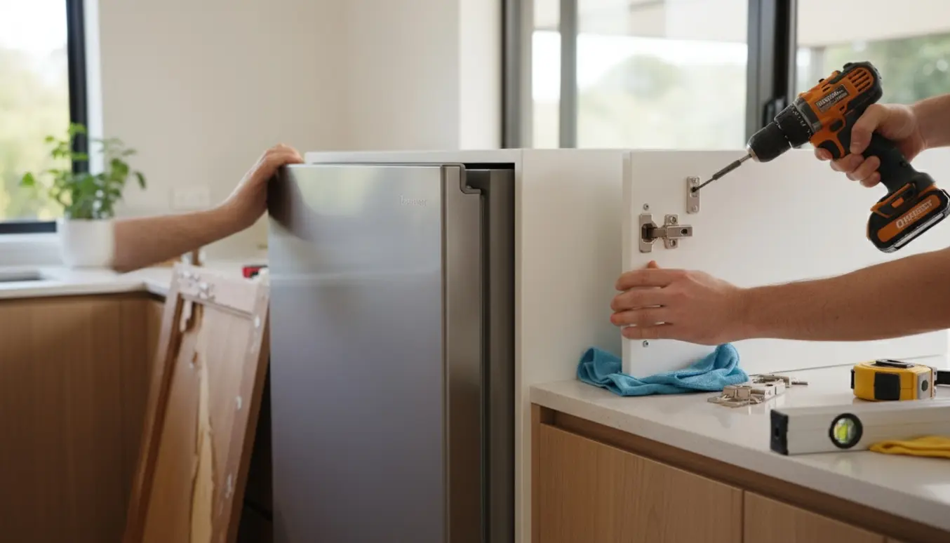 Hænder monterer et nyt integrerbart køleskab i et køkkenskab med værktøj og en defekt skabslåge i baggrunden.
