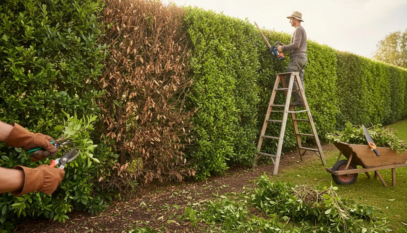 Nærbillede af hækkeklipning med handskeklædte hænder foran og en person på en stige, der trimmer ydersiden af en stor hæk.