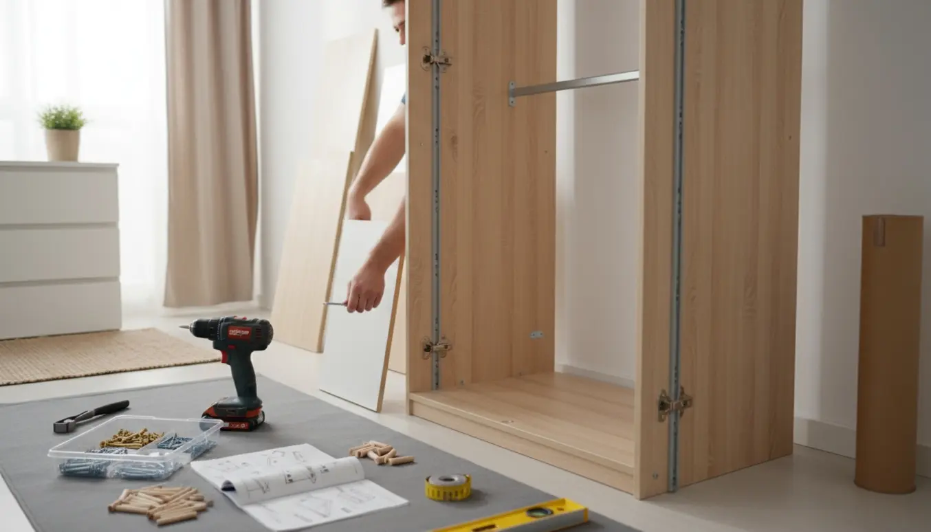 Delvist samlet garderobeskab i et lyst soveværelse med værktøj og skruer på gulvet.