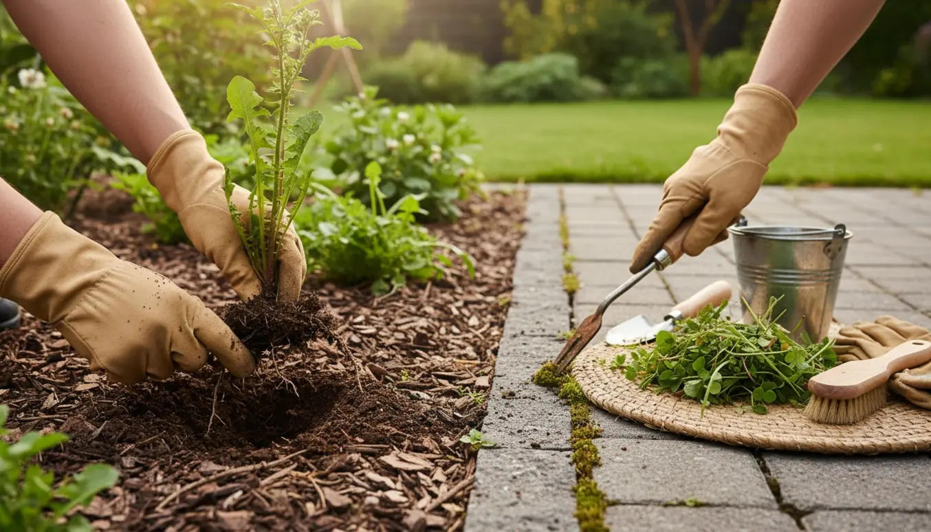 Hænder i havehandsker trækker ukrudt op i et blomsterbed og renser ukrudt mellem fliser med et håndredskab i sollys.
