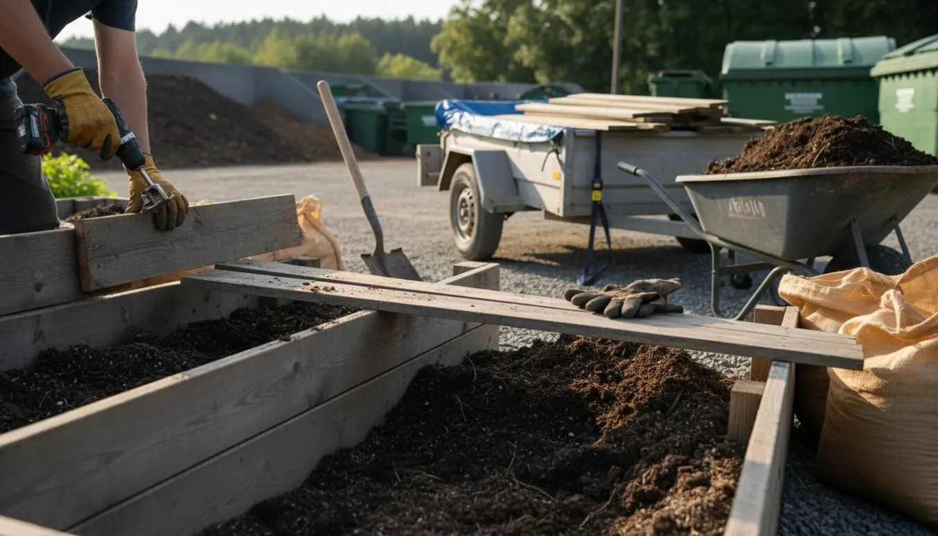 Arbejdshænder adskiller et træ-højbed ved en genbrugsstation med trailer og jord klar til bortkørsel.