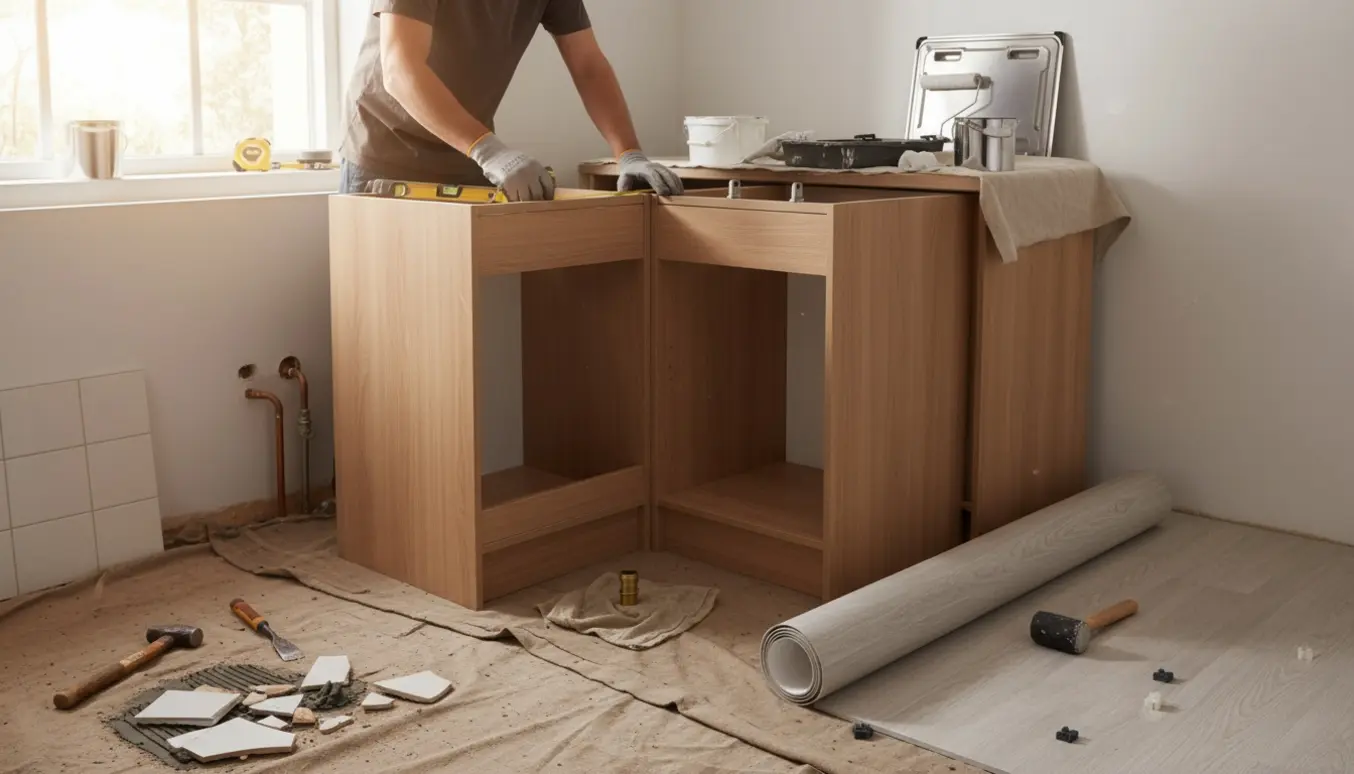 Lille køkken under renovering med nye skabsmoduler, afkortet gasrør, linoleumgulv og malerudstyr.