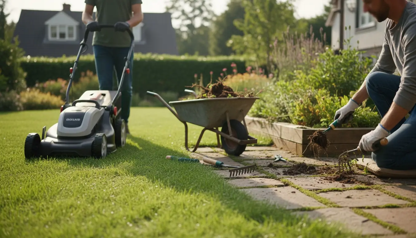 Nogen slår græsset med en havemaskine og fjerner ukrudt mellem fliser i en solbelyst forhave.