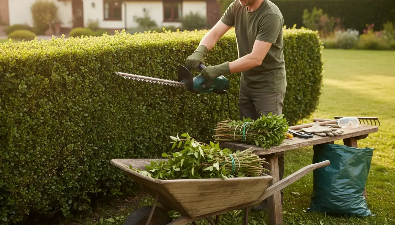 Hæk bliver klippet, og afklippede grene læsses i en trillebør i en soloplyst have.