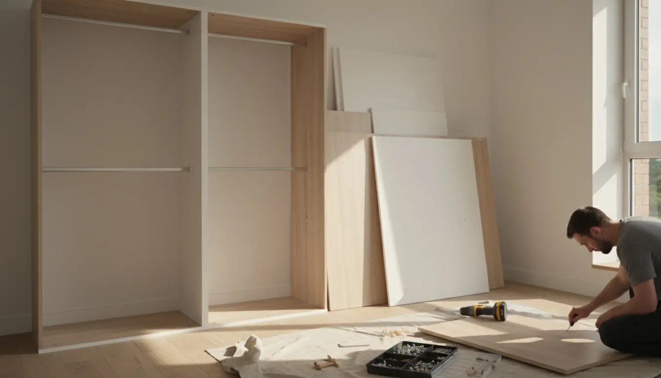 Delvist samlet stort garderobeskab med paneler, skruer og hænder, der monterer i et soloplyst værelse.