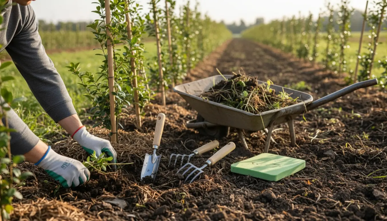 Gloved hænder fjerner ukrudt ved en nyplantet hæk med haveredskaber og en trillebør i sollys.