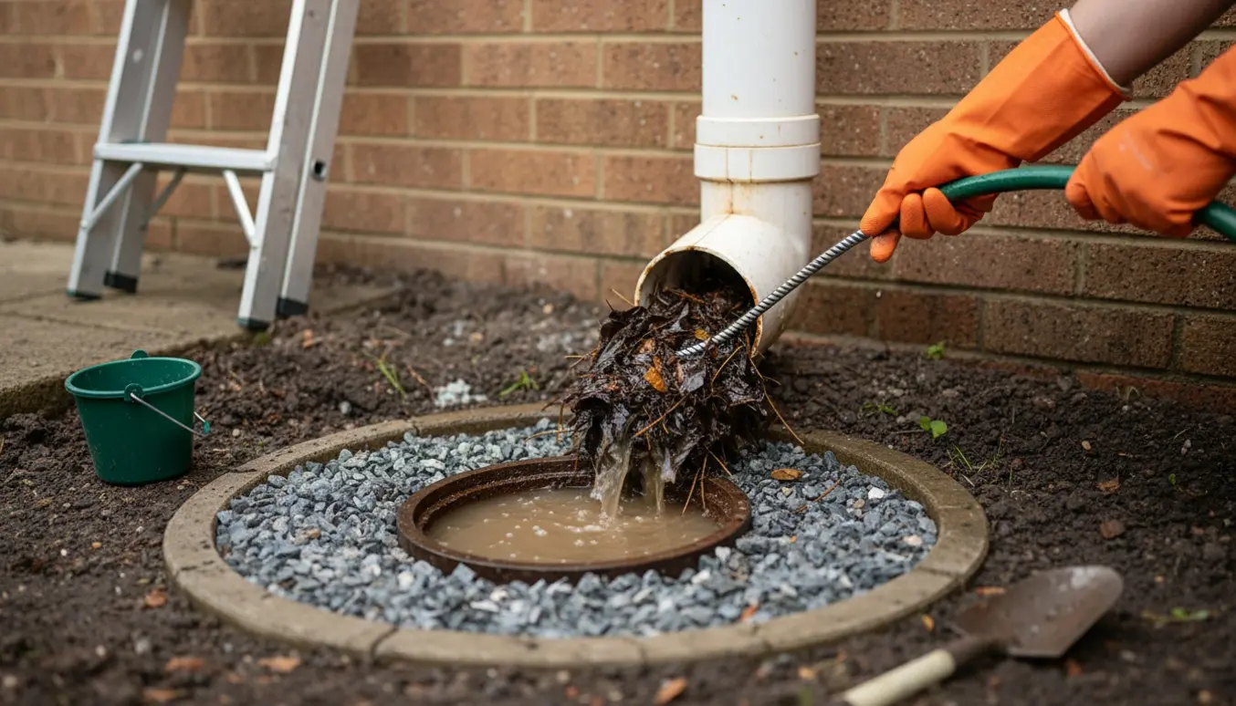 Nærbillede af et nedløbsrør, hvor hænder med handsker renser en tilstoppet forbindelse til en åben faskine.