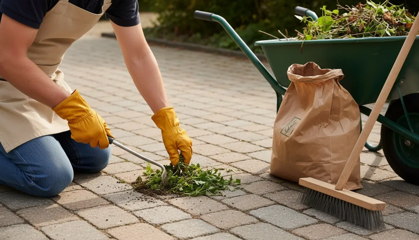 Person fjerner ukrudt mellem herregårdssten og lægger det i en trillebør.