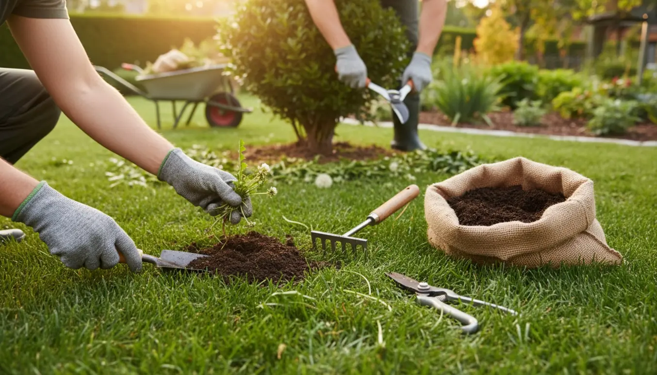 Handskerede hænder fylder små huller i græsplænen med jord, fjerner ukrudt og beskærer en lav busk i en solrig baghave.