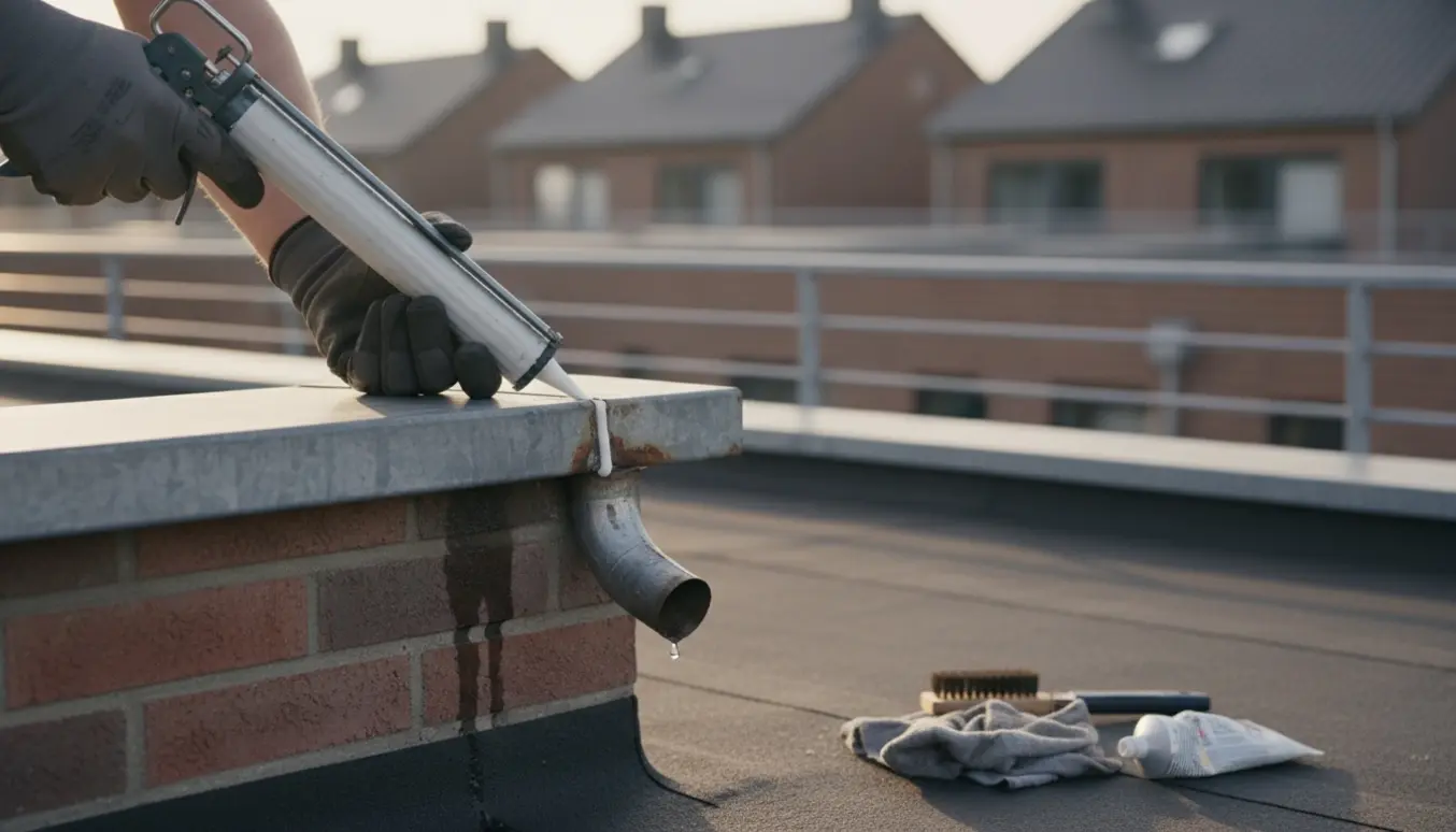Nærbillede af handsker og fugepistol, der tætnar en utæt tagrendesamling på et rækkehus med fladt tag.